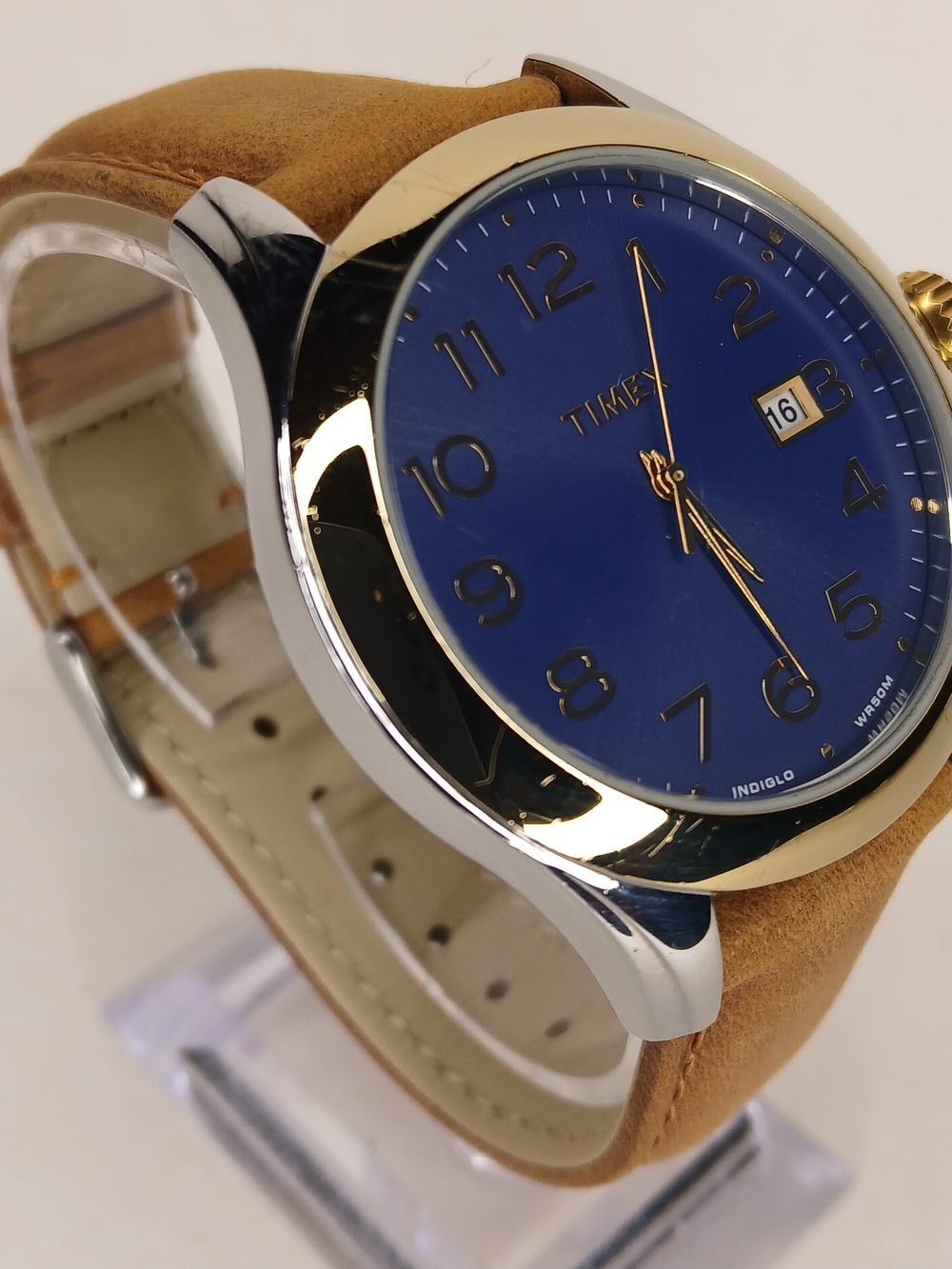 Timex Indiglo Mens Watch Blue Dial Two Tone Case Date Leather Strap WR 50M
